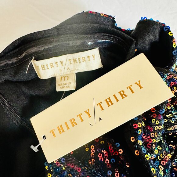 THIRTY / THIRTY IRIDESCENT METALLIC SEQUINS RUFFLE BODICE COCKTAIL DRESS - Picture 4 of 6